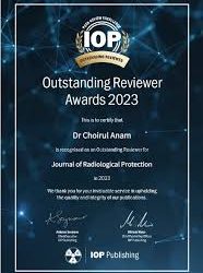 Outstanding Reviewer Awards untuk Dr. Anam dari Journal Of Radiological Protection (JRP)